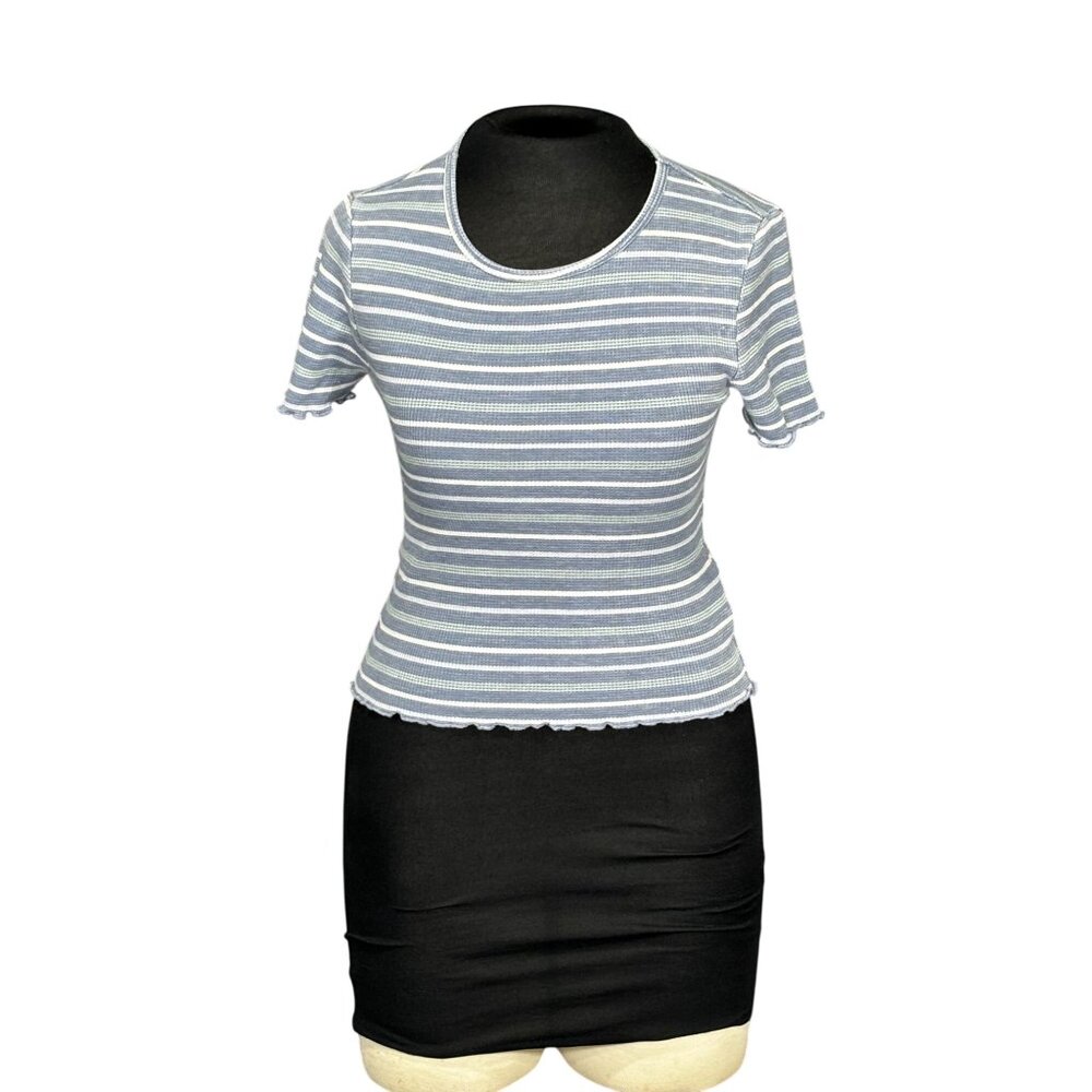 American Eagle Striped Ribbed Knit Short Sleeve Top Blue/White S Stretchy